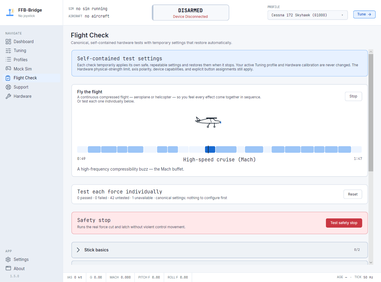 FFB-Bridge Flight Check page flying a compressed test flight with an animated aircraft and timeline