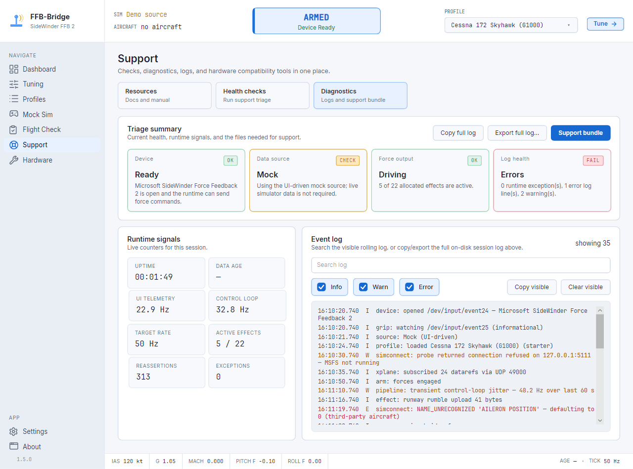 FFB-Bridge Diagnostics page with runtime metrics, logs, and support-bundle export
