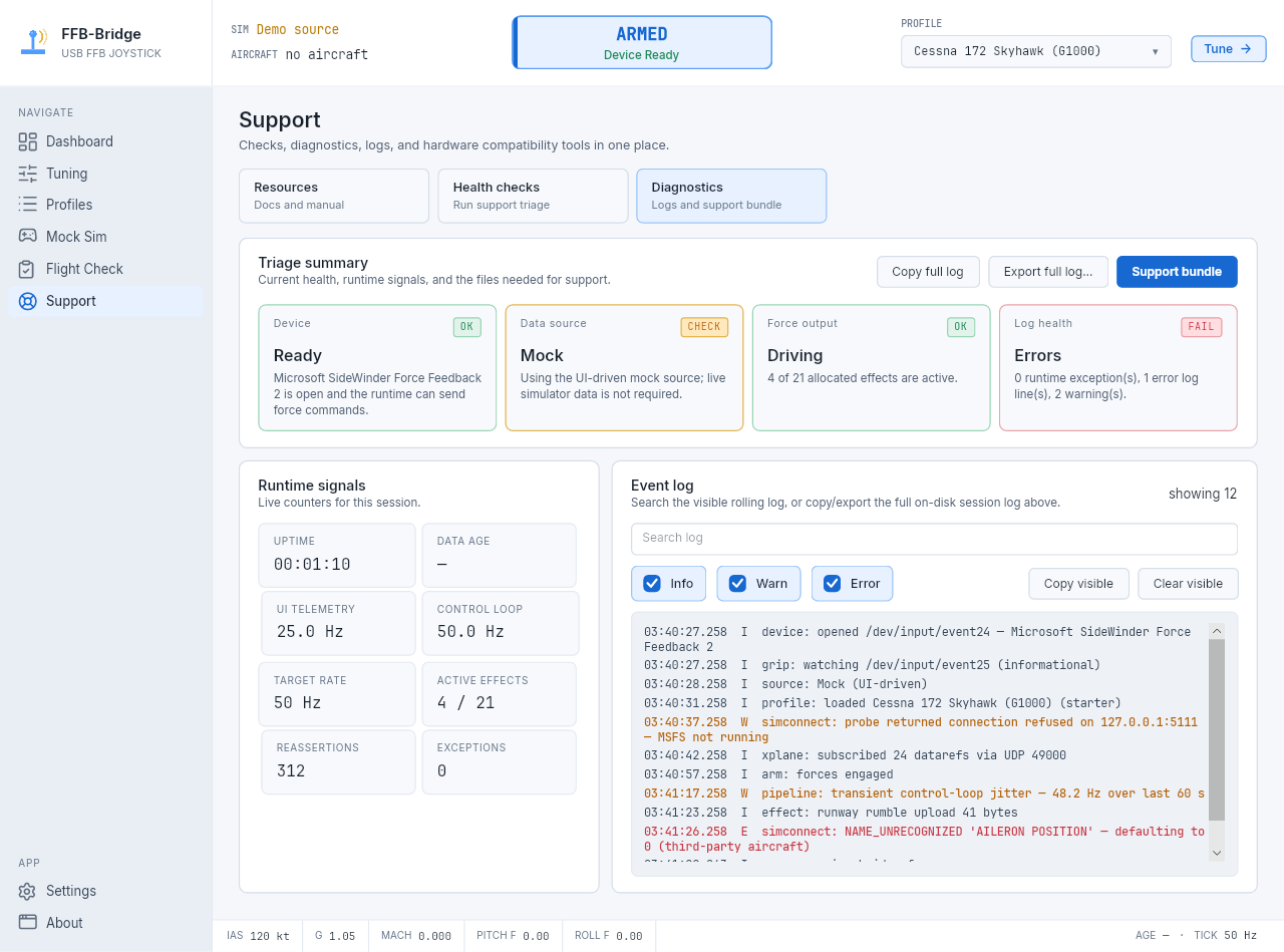 FFB-Bridge Diagnostics page with runtime metrics, logs, and support-bundle export