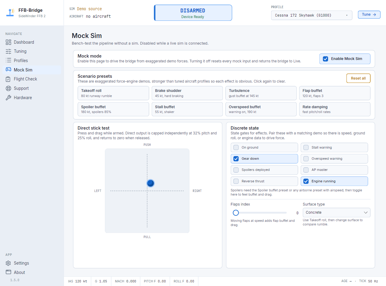 FFB-Bridge Mock Sim page bench-testing force feedback without a flight simulator running