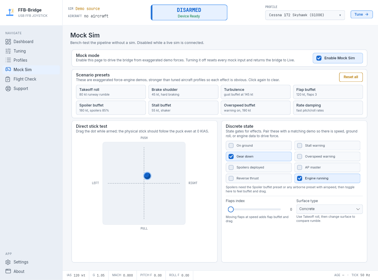 FFB-Bridge Mock Sim page bench-testing force feedback without a flight simulator running
