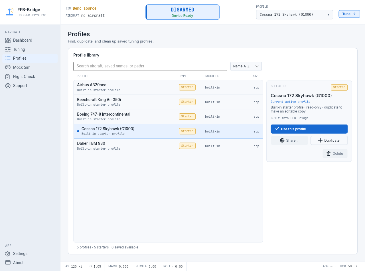 FFB-Bridge Profiles page for saved SideWinder FFB2 tuning values