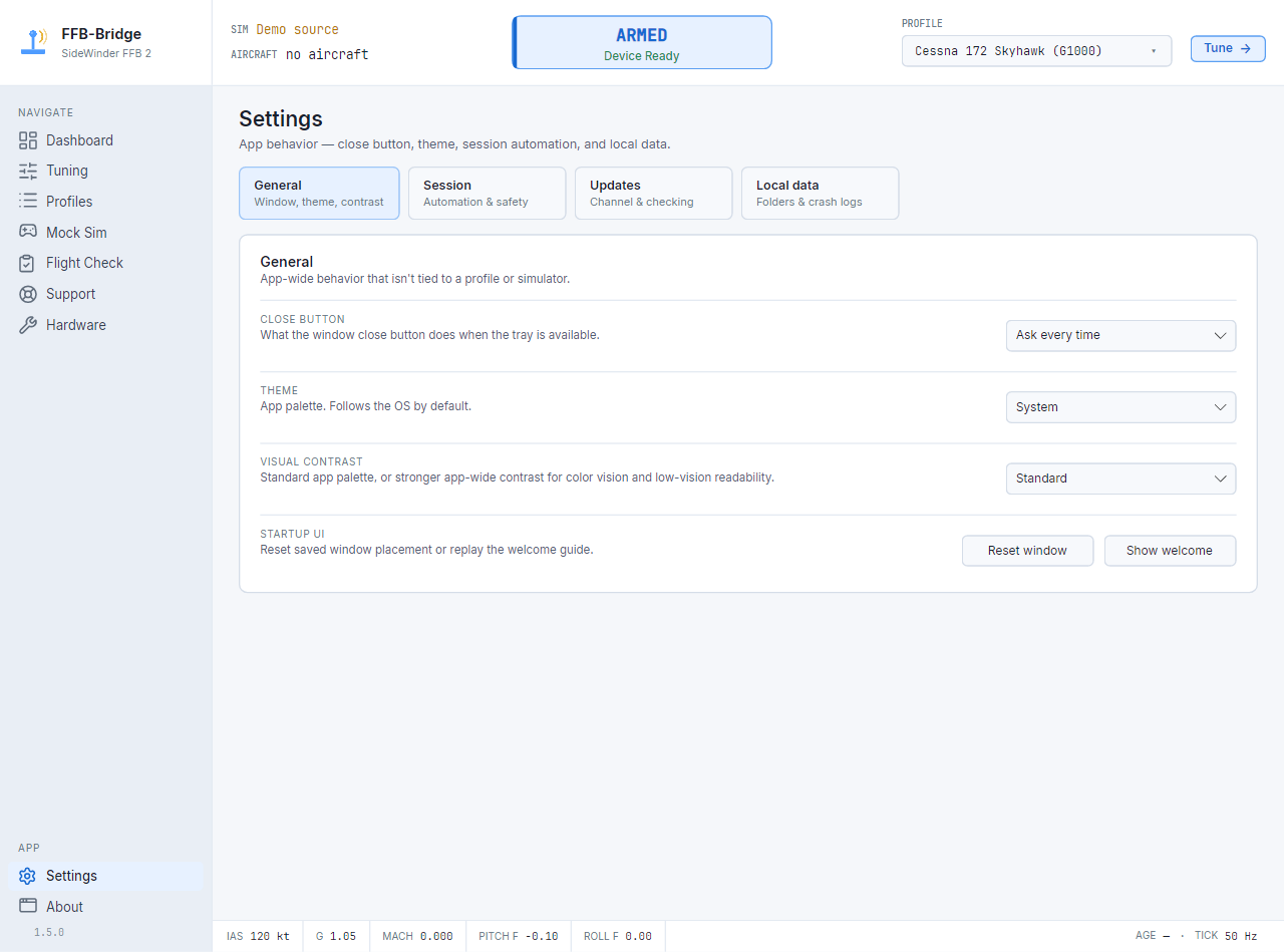 FFB-Bridge Settings page with theme, session automation, close behavior, and diagnostics preferences