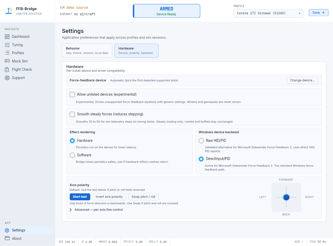 FFB-Bridge Settings page with theme, session automation, close behavior, and diagnostics preferences