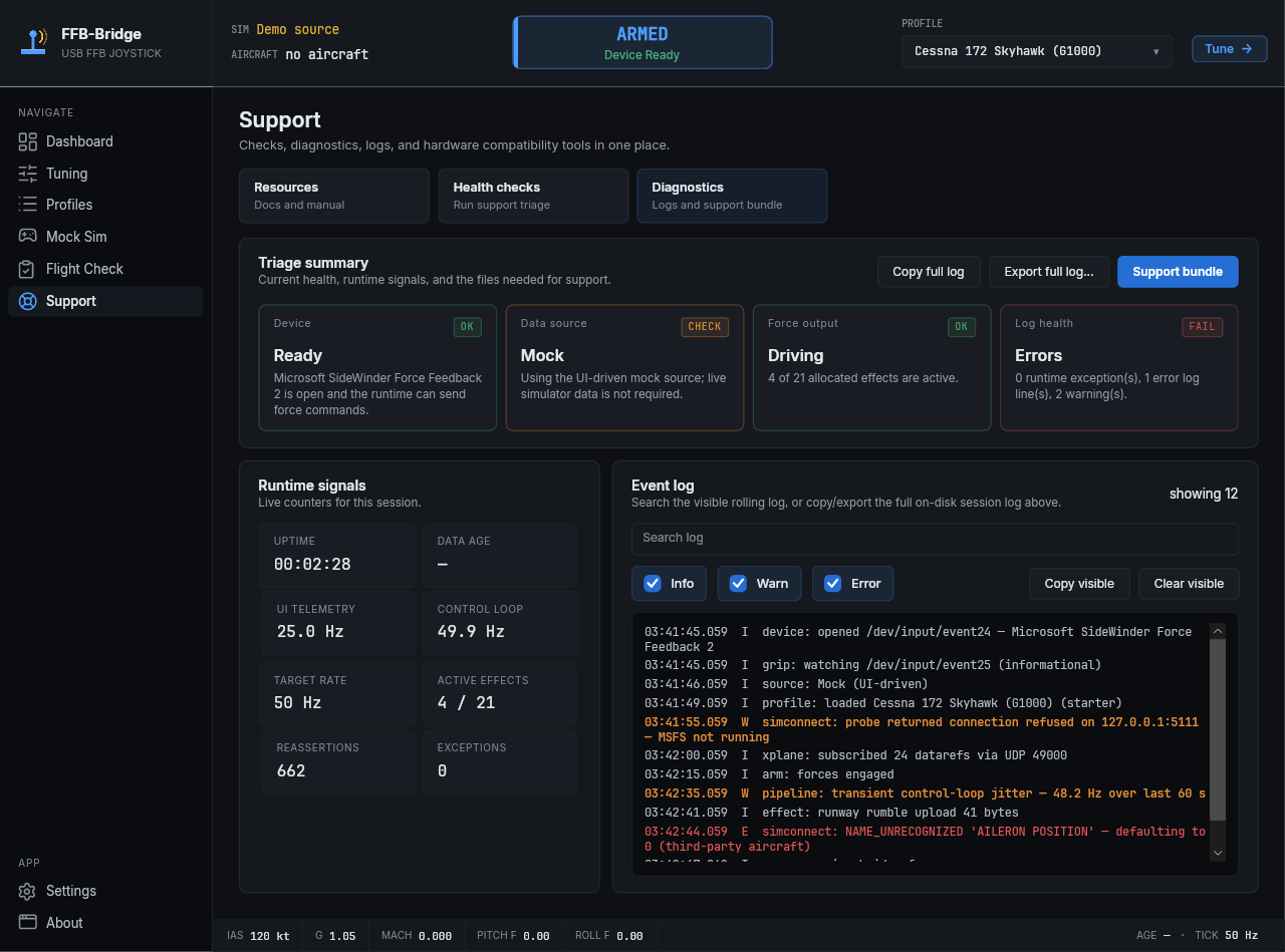 FFB-Bridge Diagnostics page with runtime metrics, logs, and support-bundle export