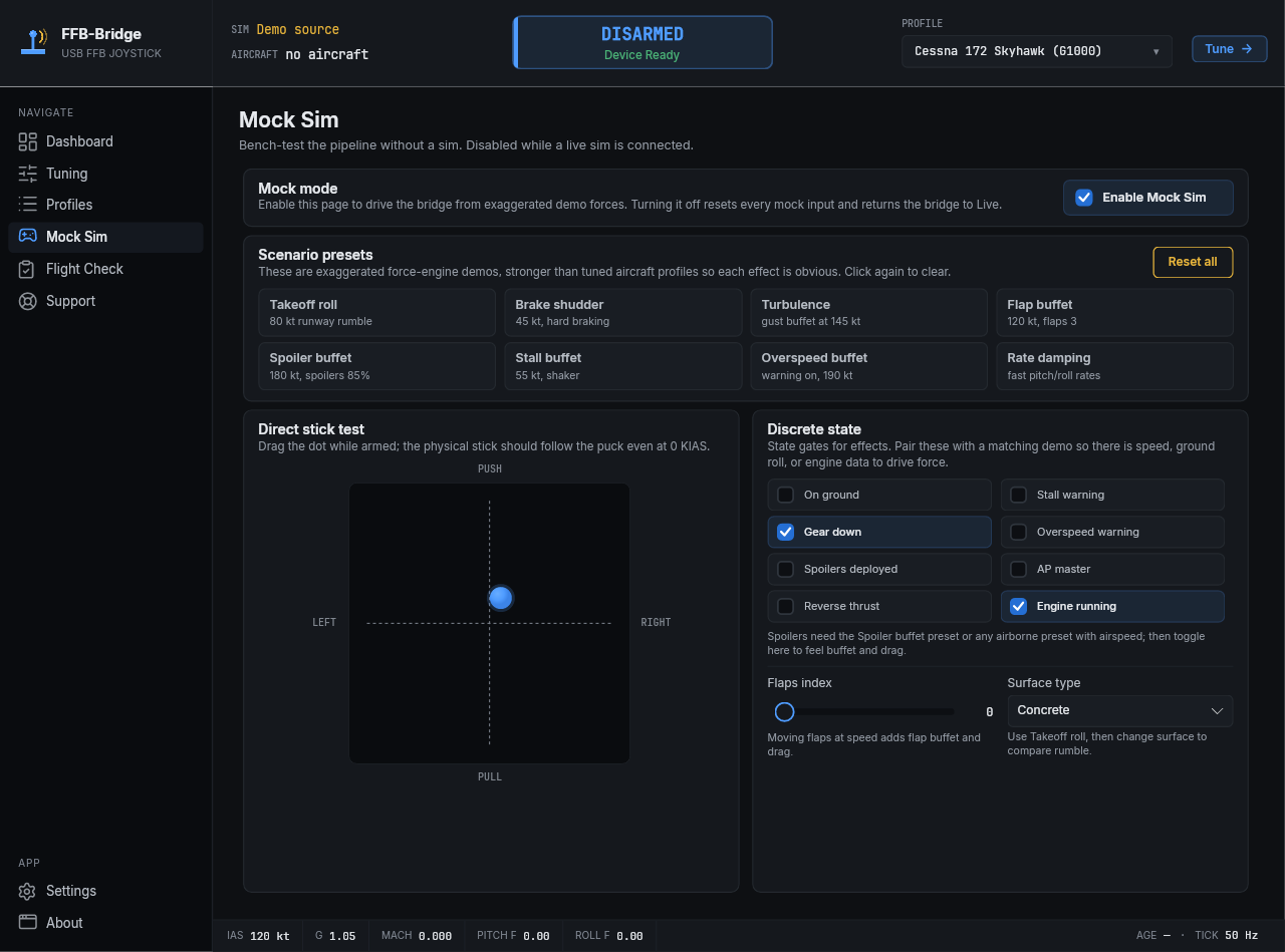 FFB-Bridge Mock Sim page bench-testing force feedback without a flight simulator running