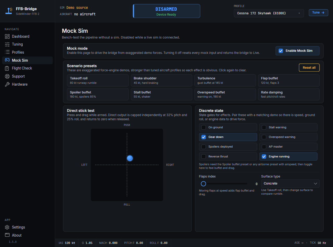 FFB-Bridge Mock Sim page bench-testing force feedback without a flight simulator running