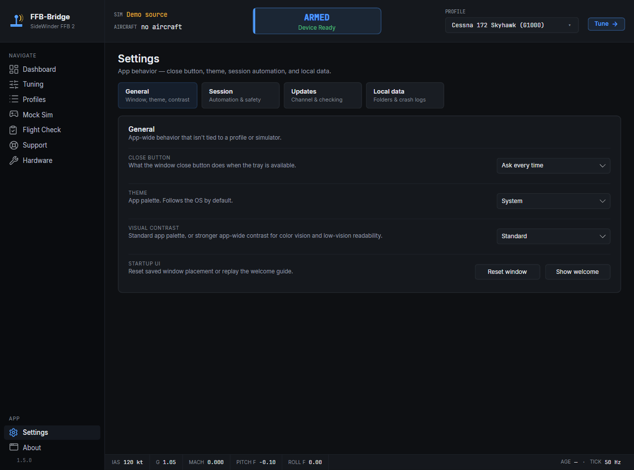 FFB-Bridge Settings page with theme, session automation, close behavior, and diagnostics preferences