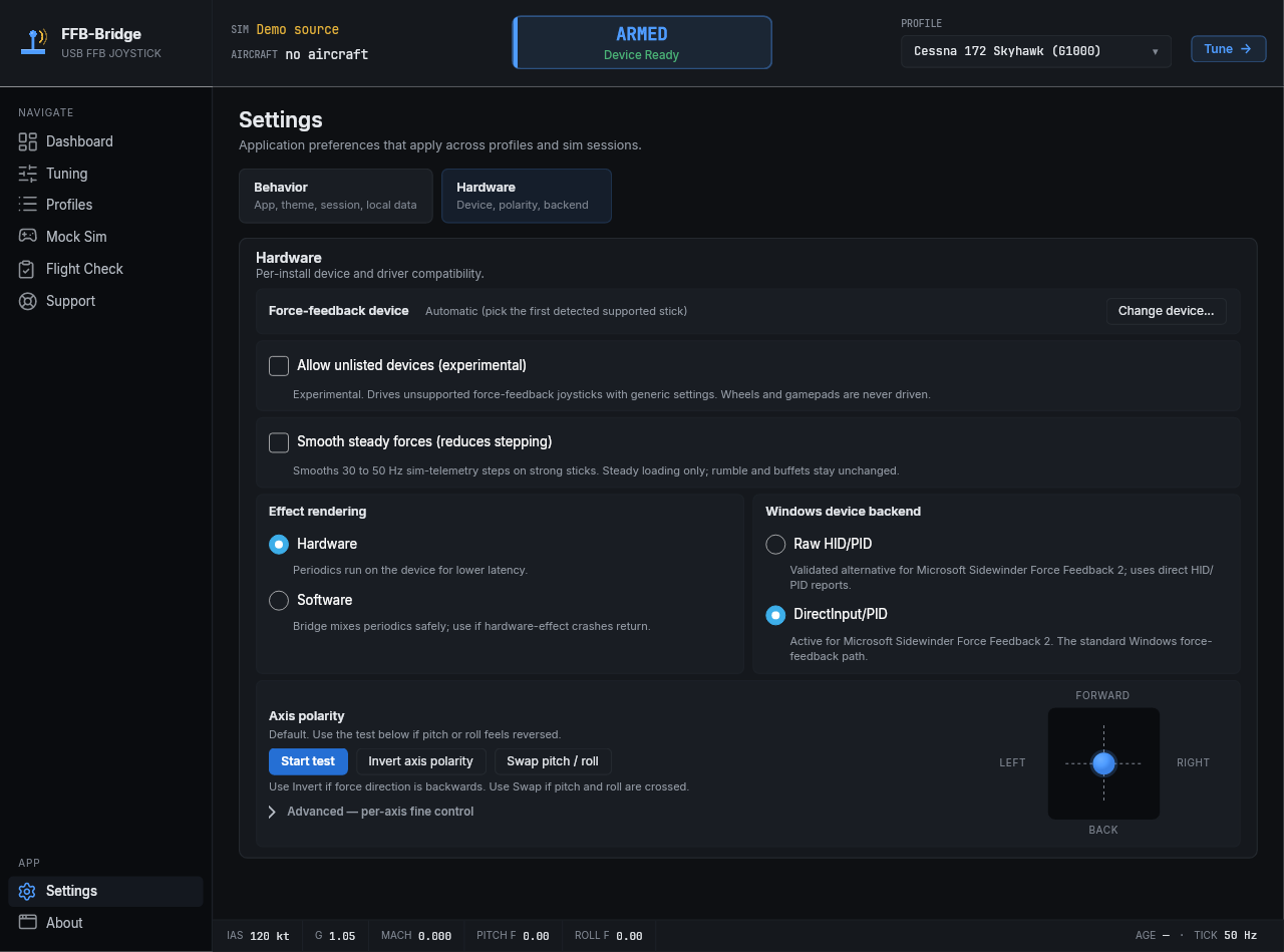 FFB-Bridge Settings page with theme, session automation, close behavior, and diagnostics preferences