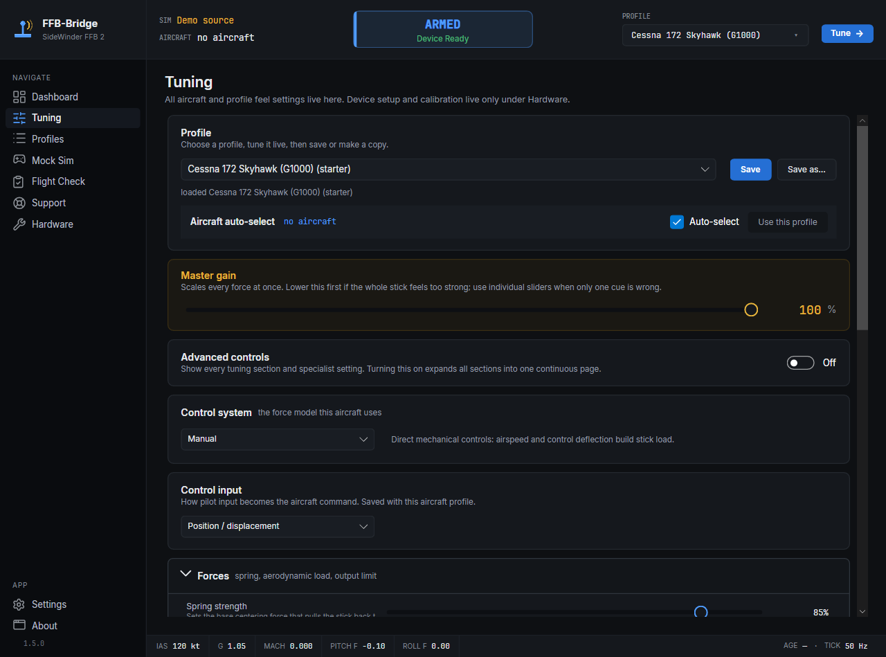FFB-Bridge Tuning page with force-effect sliders for MSFS and X-Plane