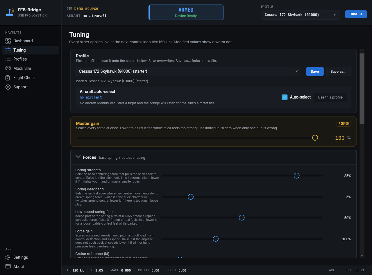 FFB-Bridge Tuning page with force-effect sliders for MSFS and X-Plane